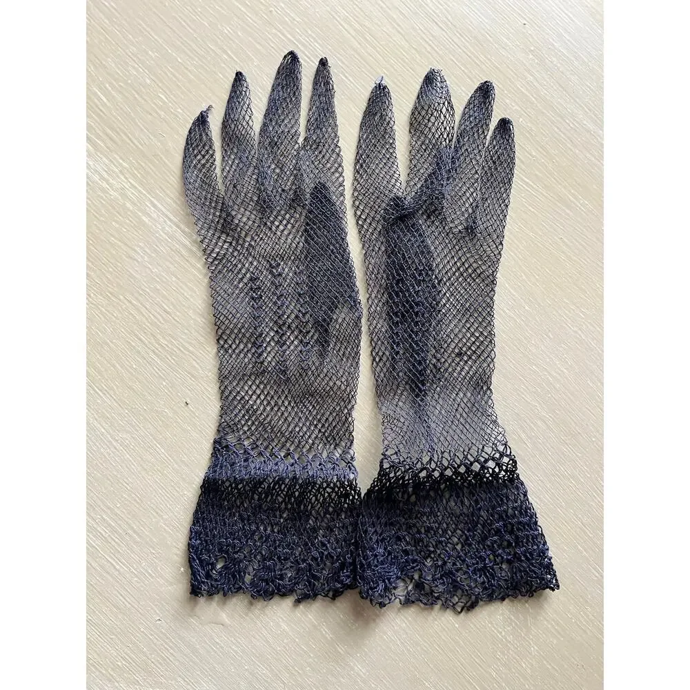 Vintage Navy Blue German-made Fishnet Dress Gloves